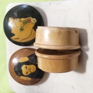 Vintage Set 2,  Hand-Painted Round Wooden Trinket Box with a Monkey and …